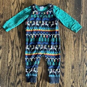 Hanna Andersson HOLIDAY Colorful Patterned Overalls with Green under shirt